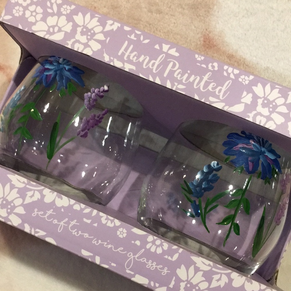 Sheffield Home Handpainted Floral Stemless Wine Glasses Set of Two NWT